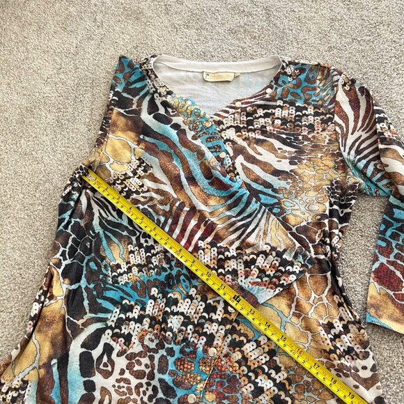 Y2K Asymmetrical Zebra & Cheetah Print Flowy V-Neck Top Brown Blue - Picture 9 of 11